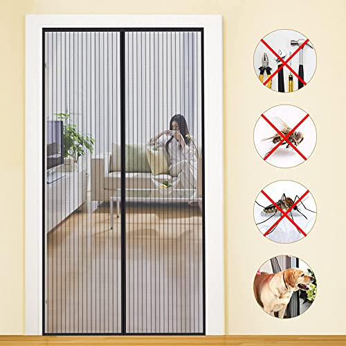MYCARBON Fliegengitter, magnetisch, 120 x 210 cm, automatischer Verschluss, ultradünnes Netz, Magnet, Schiebetür, Fliegenschutz, Installation ohne Bohren, mit Klebeband, Schwarz