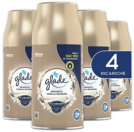 Glade Automatic Spray Ricarica, Profumatore per Ambienti, Fragranza Romantic Vanilla Blossom, Formato Scorta da 4 Ricariche da 269 ml