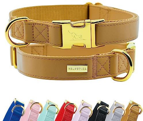 Halsband Hund von VELVETIER® | Stilvolles Hundehalsband aus veganem Mikrofaser Leder | Für kleine & große Hunde (M/L: 41 - 63cm, Coffee (Braun))
