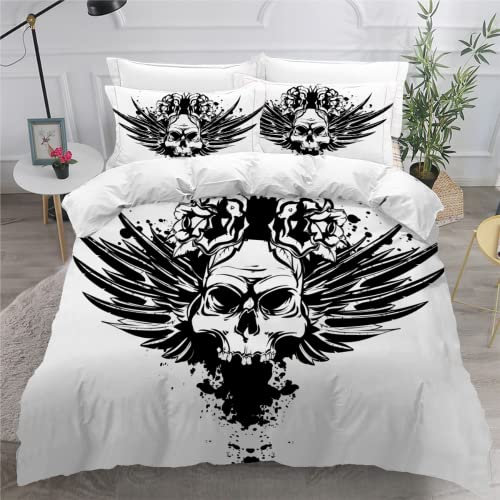 Parure de Lit 200x200 Tête De Mort Skull Rose Sets de Housses de Couettes Enfant Garçon Fille 3D Imprimé Blanc Literie 2 Places+2 taies d'oreiller 65x65 3 Pièces avec Fermeture Éclair