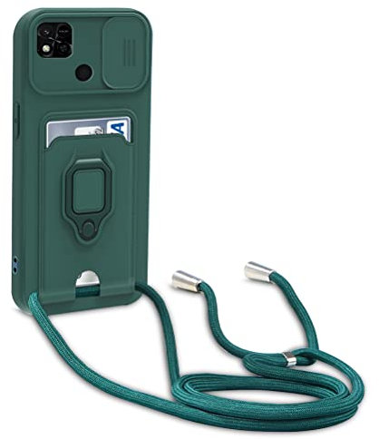 Dllatui Funda Compatible con Xiaomi Redmi 10A/9C/9A/Poco C3,Cuello Cordón Carcasa Silicona Suave,Ranura con Tarjetas,Carcasa Cubierta cámara Deslizante Proteger, Anillo Soporte (Verde)