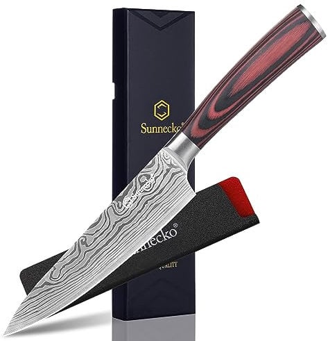 Sunnecko Utility Knife 5.5 Inch, Sharp Paring Knife for Fruit with Sheath, Small Kitchen Knives High Carbon Steel Damascus Pattern Blade, Pakkawood Handle for Home Kitchen