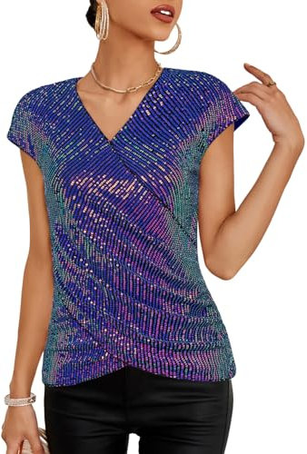GRACE KARIN Damen Elegant Einfabig Pailletten Oberteil Kurzarn V-Ausschnitt Glitzer Tops zur Party Buntes Violett M