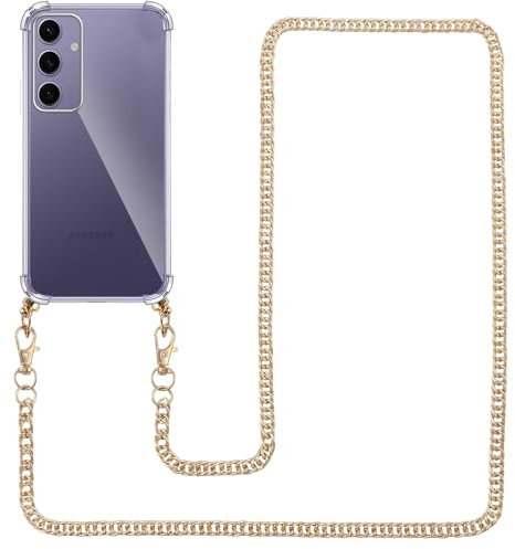 Pnakqil Collier Coque pour Samsung Galaxy S24 avec Cordon, Silicone Transparent Housse avec Chaine Laniere en Corde Étui pour Samsung S24, Or Métal Chaîne