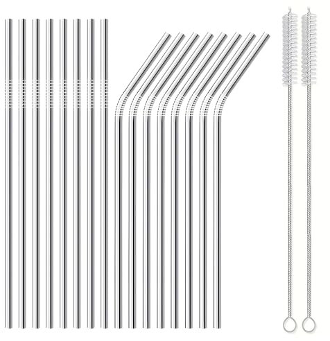 Set de 16 Pajitas, Pajitas Reutilizables, 215x6 mm Juego de Pajitas de Acero Inoxidable, Incluye 16 Pajitas y 2 Cepillos de Limpieza, Fácil de Limpiar, Apto para Jugos, Batidos, Cócteles