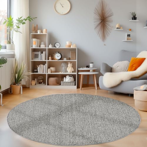 HomebyHome Langlebiger Teppich Cut-Loop Grau 120 cm Rund - Kurzflor Schlingenteppich für Wohnzimmer, Schlafzimmer, Küche - Dekorativer Melierter Struktur Einfarbig