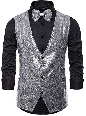 Weste Herren Pailletten 70er Ärmellos Glitzer Weste Mantel Disco Karneval Kostüm Rave Outfit Paillettenweste Glänzend V Ausschnitt Gilet Anzugweste für Hochzeit und Party Tanzkostüm Pailletten Blazer