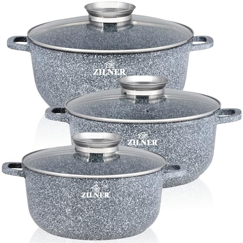 Topfset Induktion 6-Teilig mit Glasdeckel | Kochtopf Set 3 Töpfen aus Aluminiumguss | 3x Kochtöpfe Ø20, 24, 28 cm | PFOA & PFOS-freie | Antihaftbeschichtung aus Schwarzem Granit | ZILNER 7088