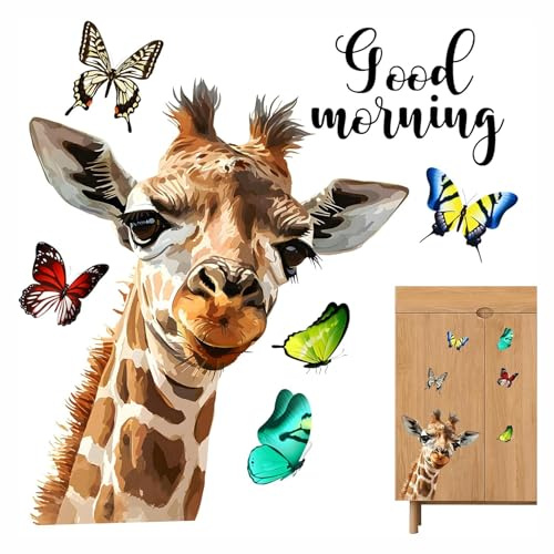 Giraffen Fensterbilder Realistische Guten Morgen Giraffe Schmetterling Fensteraufkleber Wiederverwendbare Anti-Kollisions-Doppelseitige für Wohnzimmer Schlafzimmer Fensterglas Türdekoration