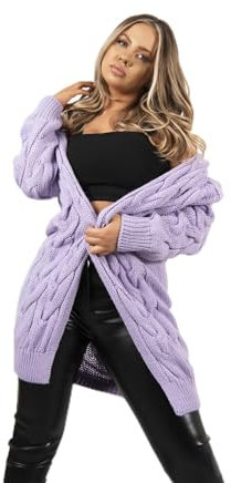 WearAll Women Ladies Cardigan Cable Knitted Oversized Long Hooded Chunky Jumper Cape Open Front Collarless Knit Top Lilac Size 8-16