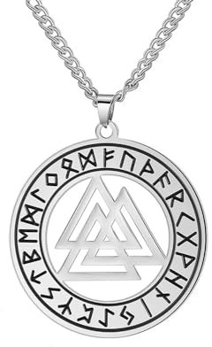 BlackAmazement 316L Edelstahl Anhänger Leder Kette Halskette Runen Kreis Valknut Wotansknoten Symbol Germanen Wikinger Biker Silber Herren
