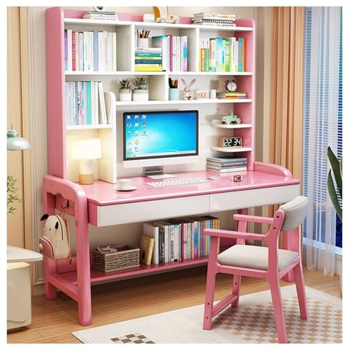 BOKNI Höhenverstellbarer Schreibtisch aus Massivholz mit integriertem Bücherregal, vielseitiger Schreibtisch für Studenten und Erwachsene (Farbe: Rosa, ohne Stuhl, Größe: 105 x 60 x 173 cm)