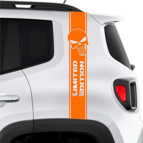 Set mit 2 Aufklebern Totenkopf Punisher Limited Schädel Streifen Streifen seitlich hinten Offroad Seitenwände Motorhaube Jee Renegade Auto Decal Code 2303 (035 Orange)