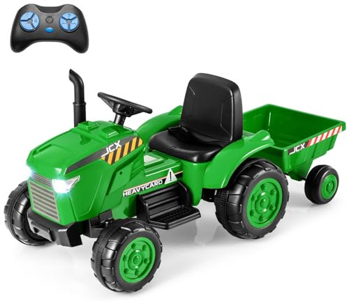 GYMAX Kids Ride On Tractor and Trailer, 12V Battery Powered Toy Car with Remote Control, Wireless Connection, MP3, USB, Music&Spring Suspensions, 2-in-1 Children Electric Car for 3-8 Years Old (Green)