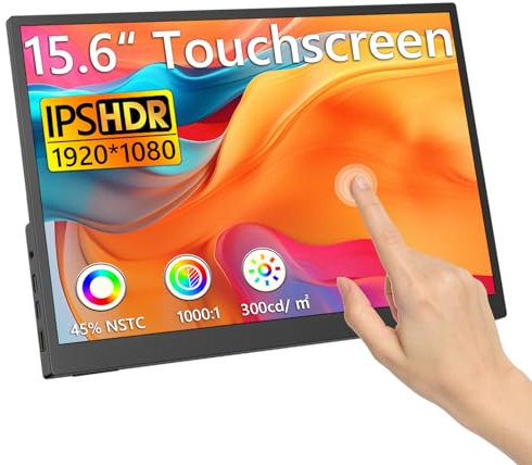 Monitor portatile touchscreen, 15,6'' 1080p 10-point FHD IPS HDR Travel Display 100% sRGB, 1000: 1, con supporto regolabile a 45° e doppi altoparlanti, HDMI USB C secondo monitor esterno per laptop/PC