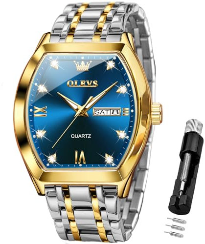 OLEVS Herrenuhr Quadrat Geschäft Diamant Analog Quarz Datum Luxus Männer Uhr Blaues Zifferblatt Edelstahl Wasserdicht leuchtende Zwei Ton Armbanduhr