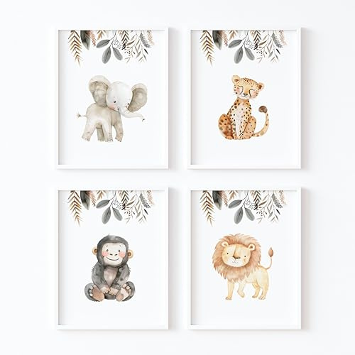 ayurvana Kinderzimmer Deko Safari Tiere – 4 Poster ohne Rahmen (A3) – Babyzimmer Bilder Elefant, Löwe, Affe, Leopard – Geschenk zur Geburt oder Taufe – Wanddeko Jungen & Mädchen