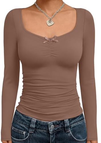 Trendy Queen Womens Going Out Tops Long Sleeve Top Trendy Cute Shirt Y2k Clothing Fall Fashion Clothes 2025, Brown, XL