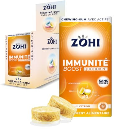 ZOHI Chewing-gum sans sucres avec actifs - Immunité - Goût citron - Complément alimentaire avec édulcorants- Boîte de 12 plaquettes de 10 chewing-gums