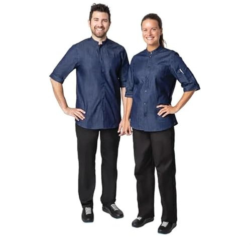 Southside NY Queens Womens Denim Lightweight Chef Shirt - Modern Professional Half Sleeves Chef Jacket Uniform for Food Service, Restaurant, Hotel BA003-L