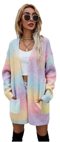 HEYPORK Damen Herbst Winter Warm Bequem Jacke Casual Mode übergangsjacke Mantel Frauen Pullover Regenbogen Mittlere Länge Strickjacke Tasche Gestrickt Jacke