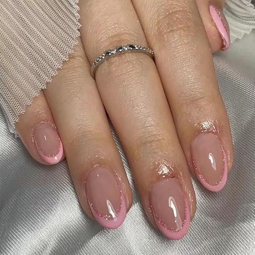 Short Oval Stick on Nails - 24pcs Pink Glitter Edge French Tip False Nails - Press on Nails with Rhinestones Removable Glue-on Nail Full Cover Fake Nail Women Girls