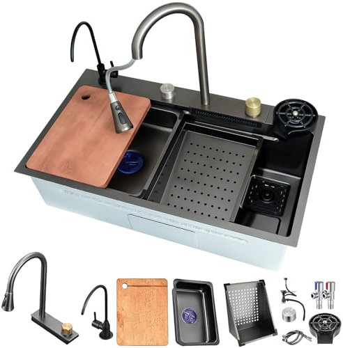 HZKSINNK 85x45cm Fregadero de Cocina de 1 Cubeta, cascada Fregadero de Acero Inoxidable, con Grifo Cocina Extraible, lavadora de vidrio, sifón, rebosadero y desagüe así como otros accesorios