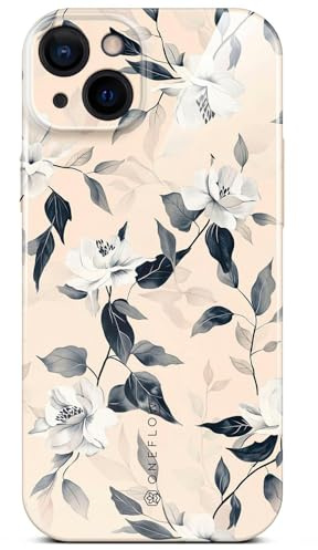 ONEFLOW Flower Cover für iPhone 14 Hülle in Floral Optik, Blumen Designer Case Handy Schutzhülle mit Kameraschutz, Hardcase dünne Handyhülle Blumenmuster, Creme Beige