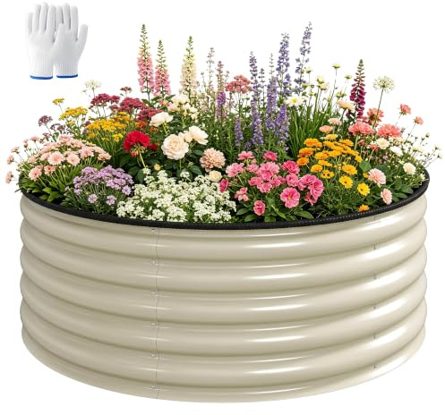 Outsunny Galvanised Raised Garden Bed, 120 x 120 x 43cm, Cream White | Safety Edging, Metal Outdoor Raised Planter Box, Gloves, Open Bottom, for Flowers, Vegetables and Herbs