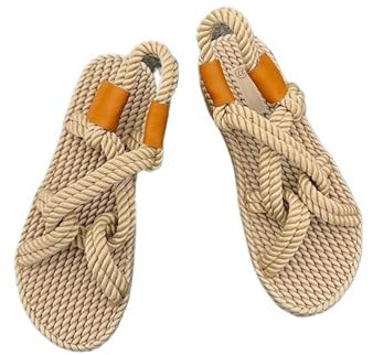 AMENGJ Pantoufles en Paille Sandales en Corde for Femmes, Sandales tissées rétro, Pantoufles de Plage for Dames, Chaussures en Paille Faites à la Main(Beige,35)