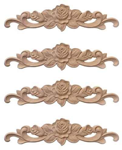Verve Jelly 4 Pcs Wood Carved Onlay Applique Unpainted Furniture Door Decal European Style Decorative Mouldings Rose Pattern Wall Decors for Cabinets Windows Cupboards Mirrors,20 * 5cm