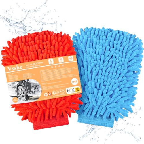 vsshe Auto Waschhandschuh, 2er Microfaser - Handschuh, Chenille-Handschuh für Professionelle Autopflege | 100% Saugstark, Kratzfrei & Achonend | Putzhandschuh für Autowäsche und Fensterreinigung