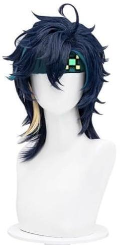 Cosplay Kostüm Perücke, Genshin Impact Kinich Perücken, Blau Gemischt Cosplay Wig für Herren Halloween karnevals party Kunstfaserperücken