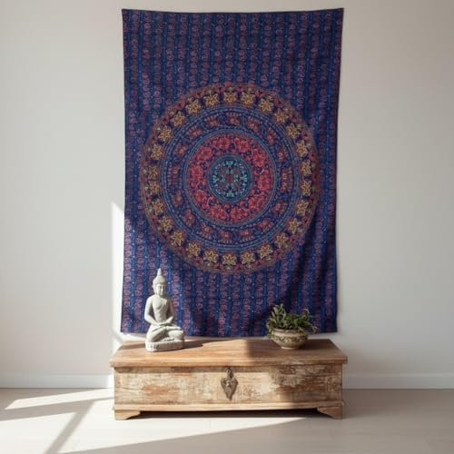 GURU SHOP Indisches Mandala Tuch, Tagesdecke, Baumwolle, blau/rot