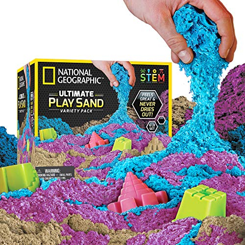National Geographic Spielsand-Kombi-Pack mit je 907 g, Blau, Lila und Natursand mit Schlossformen, eine sensorische Aktivität, 2,7 kg