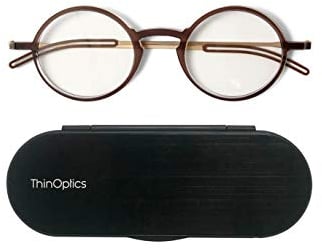 ThinOptics Manhattan Reading Glasses 2.00 Round Brown Frames With Milano Magnetic Case - Thin Lightweight Compact Readers 2.00 Strength