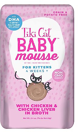 Tiki Cat Baby Mousse Wet Cat Food for Kittens, Chicken & Chicken Liver, 2.4 oz. Pouch (12 Count)
