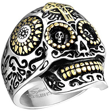 Mianova Herren Ring Edelstahl Massiv Breit Herrenring Männer Biker Rocker Totenkopf Dia De Los Muertos Totenschädel Silber Größe 60 (19.1)