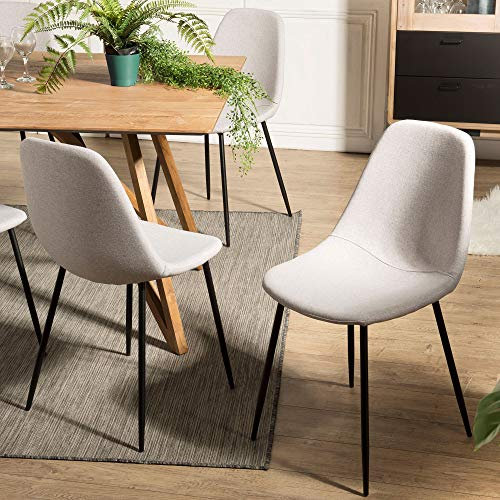 MACABANE Tom - Lot de 2 chaises Tissu Blanc écru Pieds métal Noir