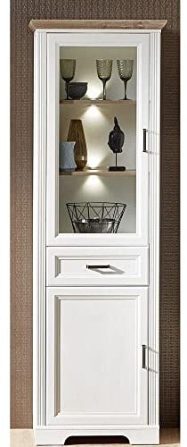 Lomadox Schmale Landhaus Vitrine inkl. LED in Pinie hell & Artisan Eiche Nb. - Breite: 66 cm