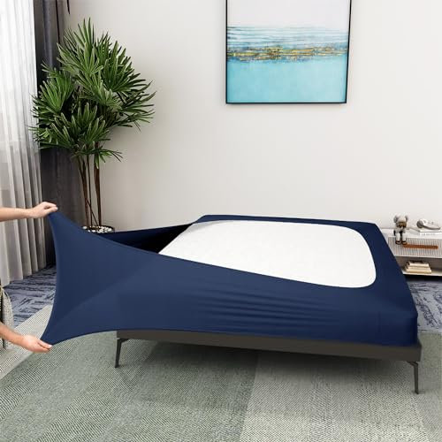 Alyvia Spring Housse en Maille de Jersey Extensible pour sommier tapissier, enveloppe Les 4 côtés, Cache-sommier pour hôtel et Maison, pour lit King/King Size californien/Olympic Queen, Bleu Marine