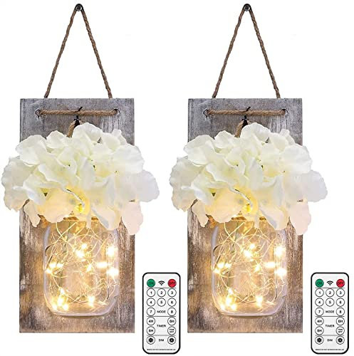 Glighone Wall Decor 2PCS Mason Jars Lights, Home Decor Rustic Wall Hanging Decoration Wall Sconces, 8 Modes & Timer & Remote Control Hanging Battery Powered LED Fairy Light with Artificial Flower