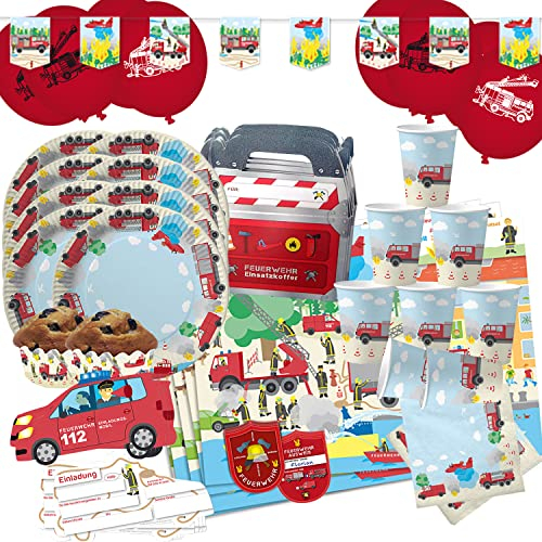 Krause & Sohn Party-Set Kindergeburtstag viele Teile Geschirr Geburtstag Dekoration Geburtstagstisch (Feuerwehr XXL)