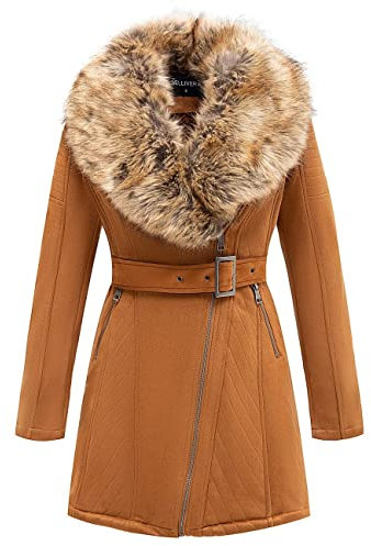 Geschallino Chaqueta de Gamuza de Cuero Sintético para Mujer, Abrigo Largo con Cinturón de Motocicleta Cálido de Invierno con Cuello de piel Desmontable FF206 Marrón XXL