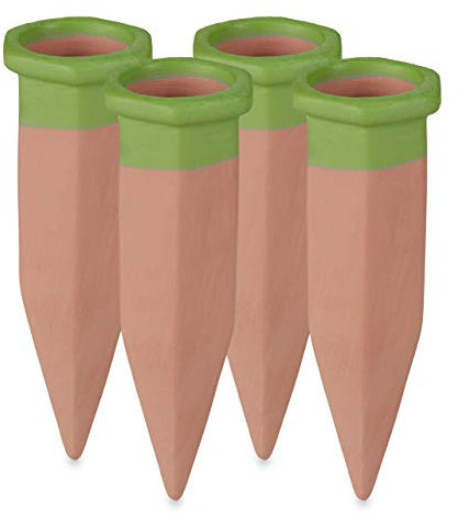 Relaxdays Set 4 Picos Riego Plantas Interior y Balcón, Regador Automático Arcilla Maceta, 9,5 x 3 cm, Terracota y Verde