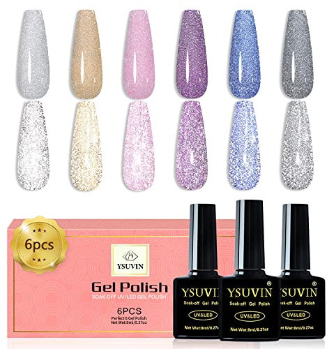 Yueshop Reflective Glitter Gel Polish,6PCS Sparkly Diamond Nail Polish Gel UV/LED Shinny Glitter Nail Varnish Sets for Starter Nail Art Manicure,8ml