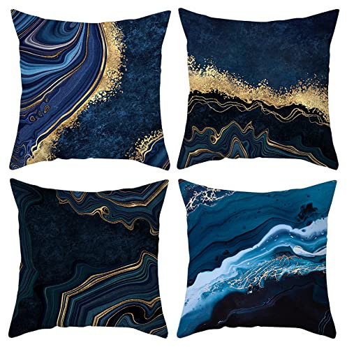 HOSTECCO Blaue und Goldene Kissenbezug 45x45 4er Set Marineblau Abstrakt Quadratisch Dekorative Kissenbezüge für Sofa Couch Zuhause