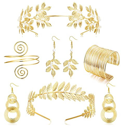 JeweBella 6 Stück Griechische Göttin Kostüm Schmuck Set Damen Gold Römischer Lorbeerblatt Krone Stirnbänder Armband Spule Oberarmreif Perle Baumeln Ohrringe Hochzeit Braut Kopfschmuck Toga Party