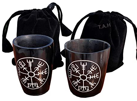 THE ANTIQUE HOUSE Viking Drinking Authentic Medieval Short Glass Horn Mug Whisky Vodka Handcrafted 3 Inch Cup with Black Velvet Bag Pack of 2