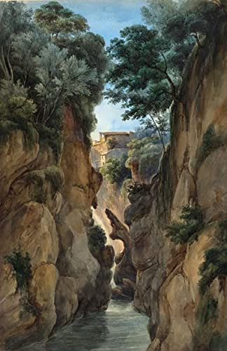 ZIMARO Leinwand Bilder Kunstdrucke Abstrakt Poster Berühmtes Gemälde Achille-etna Michallon zugeschrieben Blick auf einen Wasserfall durch eine Schlucht für Wohnzimmer 60x90cm